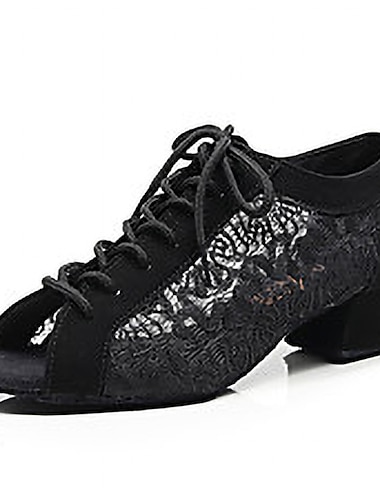  Women\'s Latin Shoes Practice Trainning Dance Shoes Line Dance Performance Training Practice Embroidery Heel Lace Tulle Solid Color Thick Heel Peep Toe Lace-up Adults\' Dark-Gray Black