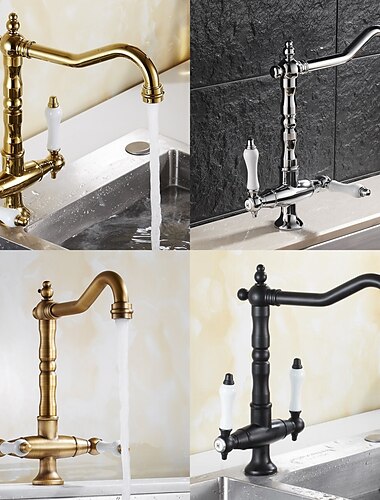  Traditional Kitchen Sink Mixer Faucet, Retro Style Vessel Kitchen Taps Dual Handles One Hole Rotatable Chrome/Brass/Nickel Brushed Standard Spout