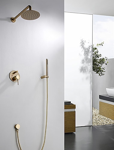  Round Golden Shower System Faucet Set Rainfall Shower Head 8 inch,  Rough In Valve and Trim Kit Combo Kit, High Pressure Heldhead Wall Mounted for Bath Bathroom