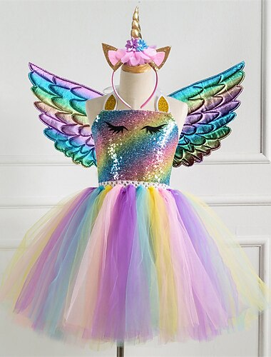 Vestido para niñas pequeñas de 2 a 8 años, 3 uds., princesa unicornio,  arcoíris, fiesta colorida, tutú, vestidos de cumpleaños con alas y diadema,  lentejuelas, halter, púrpura, oro, plata, lindos Comentario
