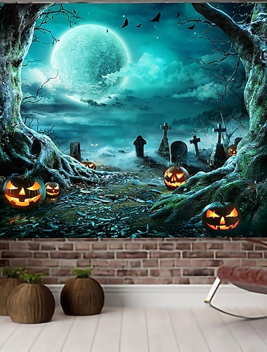  halloween dekorationer gobeläng jack o lykta pumpa dekor väggkonst stor hängande gobeläng väggmålning dekor fotografi bakgrund filt gardin hem sovrum vardagsrum fladdermus spökhus kyrkogård