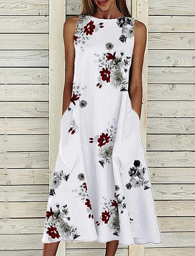  Women\'s A Line Dress Midi Dress White Black Sleeveless Floral Abstract Print Spring Summer Crew Neck Casual 2022 S M L XL XXL 3XL