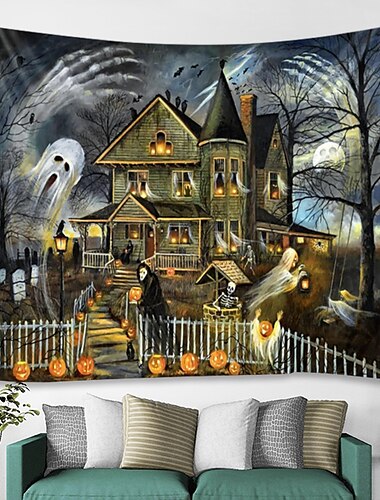  Halloween Wall Tapestry Art Deco Blanket Curtain Hanging Home Bedroom Living Room Decoration Pumpkin Ghost Skeleton Witch