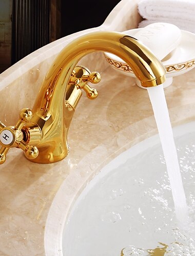  Antique Brass Bathroom Sink Faucet,Centerset  Two Handles One Hole Bath Taps with Hot and Cold Switch and Ceramic Valve