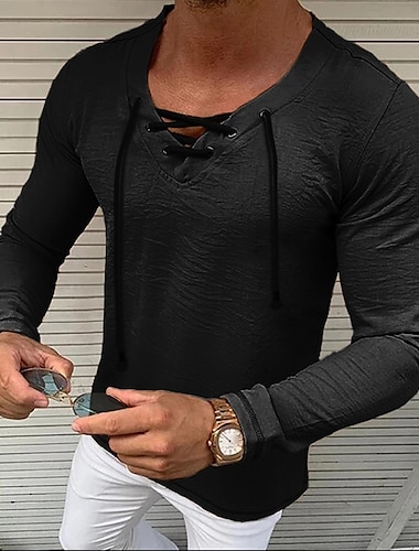  Men\'s Shirt Solid Colored V Neck Khaki Gray White Black Casual Daily Long Sleeve Drawstring Clothing Apparel Cotton Fashion Casual Breathable Comfortable