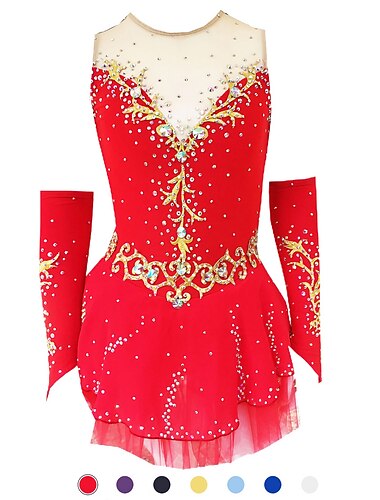  Figure Skating Dress Women\'s Girls\' Ice Skating Dress Outfits White / White Yellow & Yellow Dark Purple Open Back Mesh Spandex Training Competition Skating Wear Handmade Crystal / Rhinestone Ice