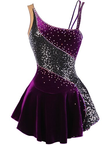 Figure Skating Dress Women's Girls' Ice Skating Dress Outfits Purple Velvet Stretchy Competition Skating Wear Handmade Floral Botanical Fashion Sleeveless Ice Skating Figure Skating