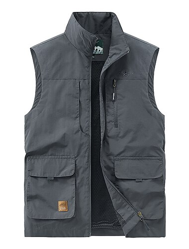  Men\'s Vest Gilet Outdoor Street Streetwear Casual Spring Fall Pocket Polyester Nylon Breathable Plain Zipper Stand Collar Loose Fit Black Army Green Navy Blue Khaki Gray Vest