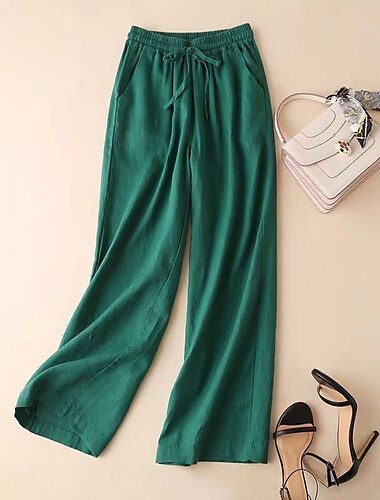  Women\'s Culottes Wide Leg Chinos Pants Trousers Linen / Cotton Blend Green Brown Black Mid Waist Fashion Office / Career Casual Weekend Side Pockets Micro-elastic Full Length Comfort Plain M L XL XXL