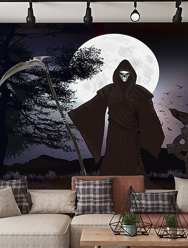  Halloween Wall Tapestry Art Decor Blanket Curtain Hanging Home Bedroom Living Room Decoration Psychedelic Haunted Scary Pumpkin Skull Skeleton Bat Castle Grim Reaper Polyester