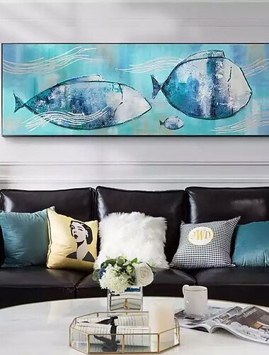  油絵手作り手描き壁アート現代抽象魚家族の家の装飾の装飾ロールキャンバスフレームなしストレッチなし