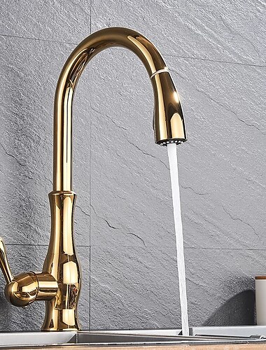  Kitchen Faucet with Pull-out Spray,Brass 2-modes Single Handle One Hole Modern Style Kitchen Taps with Hot and Cold Switch