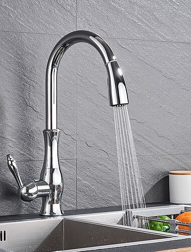  kjoekkenkran med uttrekkbar spray, messing 2-modus enkelthaandtak ett hull moderne kjoekkenkraner med varm og kald bryter