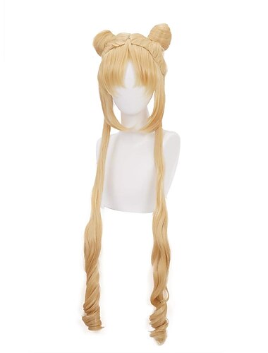  Ponytail Wig  s Anime Long Curly Blonde Tsukino Usagi Cosplay Wig  Party Wig with Buns and Two Long Ponytails Carnival Wig