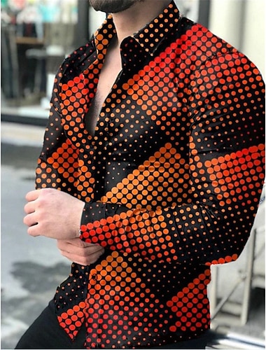  Men\'s Shirt Long Sleeve Polka Dot Collar Orange Outdoor Casual Button-Down Print Clothing Apparel Fashion Casual Comfortable / Regular Fit / Sports
