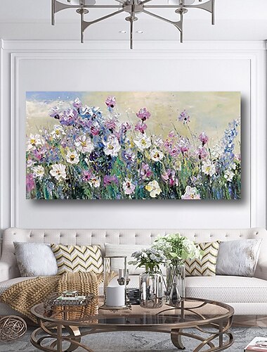 Peinture à l'huile à la main peint à la main art mural fleurs modernes fleur champs violets décoration de la maison décor toile roulée sans cadre non étiré