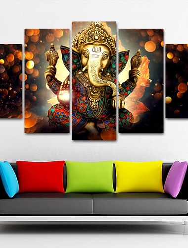 5 Panels Wandkunst Leinwanddrucke Malerei Kunstwerk Bild Hindu-Gott Ganesha Malerei Heimtextilien Dekor gerollte Leinwand kein Rahmen ungerahmt ungedehnt