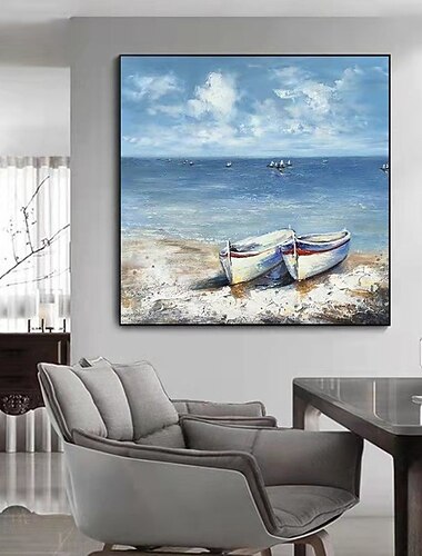 Handgefertigtes Ölgemälde auf Leinwand, Wandkunst, Dekoration, abstrakte Meereslandschaft, Malerei, Boote am Strand, für Wohnkultur, gerolltes, rahmenloses, ungedehntes Gemälde
