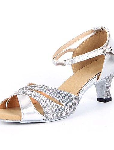 Women's Silver Glitter Dance Shoes with Low Heels and Ankle Straps – Perfect for Ballroom, Latin, and Party Events