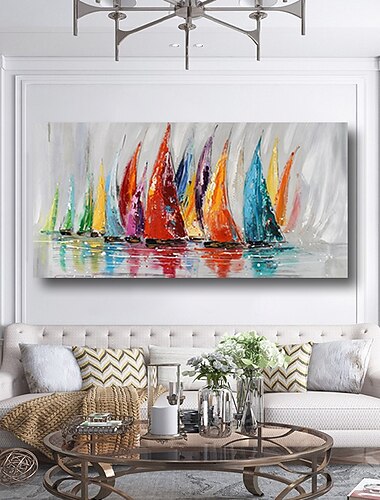  pictură în ulei pictată manual pictată manual artă de perete peisaj marin modern bărci cu pânze răsărit râu decor acasă decor cadru întins gata de atârnat