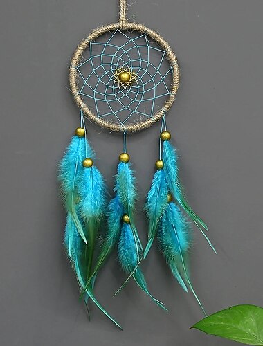  לוכד חלומות בעבודת יד מתנה כחולה נוצה תלויה חרוזים תלויי קיר אומנות דקורטיבית בסגנון בוהו 11*40 ס"מ