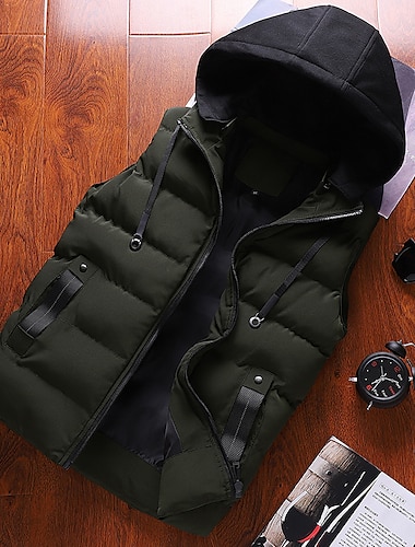 Men\'s Puffer Vest Gilet Mountain Bike Leisure Sports Sporty Fall Autumn Hooded Padded Polyester Warm Solid Color Zipper ArmyGreen Black Vest