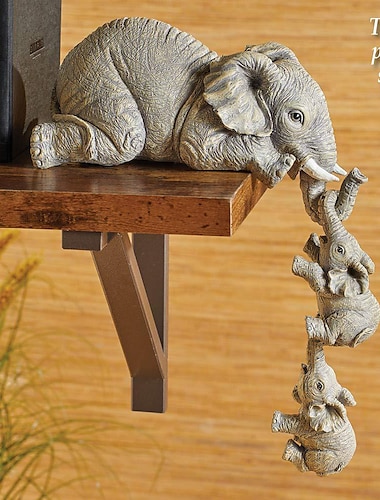  Elephant Resin Ornaments Three-piece Decorations 3 Elephant Mothers and Two Babies Hanging on The Edge of Handicraft Statues