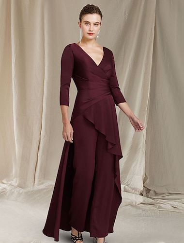  Jumpsuit / Pantsuit Mother of the Bride Dress Wedding Guest Elegant V Neck Floor Length Chiffon 3/4 Length Sleeve with Ruched Ruffles 2024