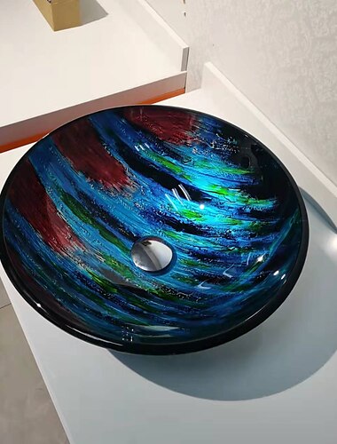  Red and Blue Color Tree Grain Round Basin Tempered Glass Wash Basin Without Faucet Suitable Waterfall Faucet Basin Holder