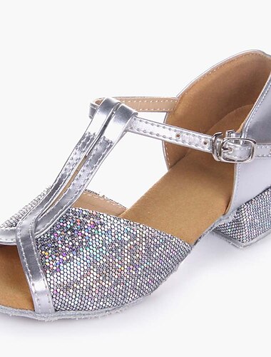  Girls\' Latin Shoes Ballroom Dance Shoes Salsa Shoes Line Dance Performance Practice Heel Low Heel Decorative Heel T-Strap Teenager Silver Gold