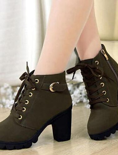 Women's Chunky Heel Brown Ankle Boots with Lace-Up and Side Zipper Closure - Perfect for Casual and Stylish Outfits