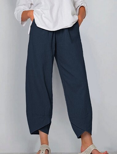  Women\'s Pants Trousers Faux Linen Green Khaki Deep Blue Mid Waist Casual / Sporty Casual Calf-Length Outdoor Solid Color S M L XL XXL / Loose Fit