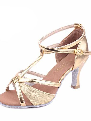  Mulheres Sapatos de Danca Latina Danca de Salao Line Dance Interior Espetaculo Cetim Salto Purpurina Salto Alto Fivela Estilo -T Preto Prata Dourado