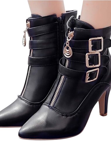  Women\'s Fashion High Heel Ankle Boots with Buckles and Zipper – Stylish Faux Leather Stiletto Boots for Fall and Winter