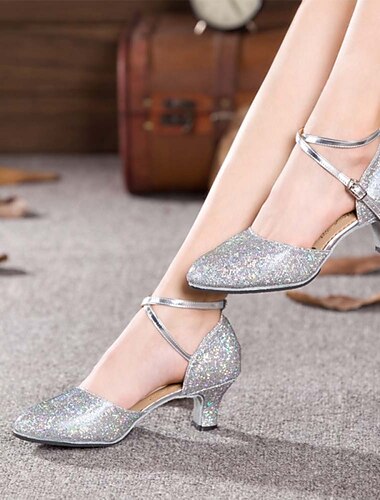  Women\'s Silver Glitter Ballroom Dance Shoes with Ankle Strap – Sparkly Mid-Heel Latin Salsa Party Shoes for Weddings & Special Occasions