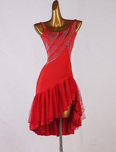  Danca salsa vestido de danca latina cristais/strass desempenho feminino sem mangas elastano