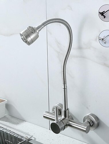  aan de muur gemonteerde gootsteen mengkraan met sproeier keukenkraan roestvrijstalen potvulkranen, 360 draaibare gepolijste zwart / chromen enkelgreeps mengkraan