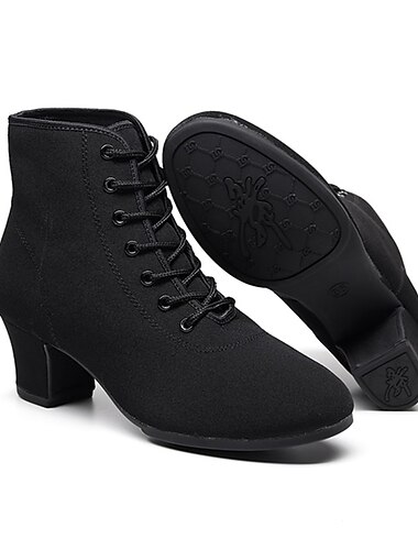  Women\'s Black Oxford Cloth High-Top Dance Boots with Lace-Up Closure and Chunky Heel - Ideal for Jazz, Ballroom, Latin, and Salsa