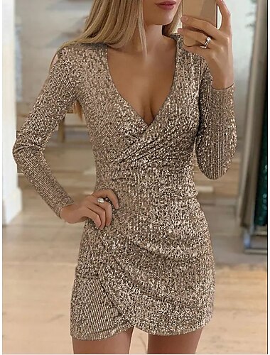  Women\'s Party Dress Sequin Dress Holiday Dress Mini Dress Black Gold Long Sleeve Pure Color Sequins Winter Fall Spring V Neck Fashion Party Winter Dress Birthday 2022 S M L XL XXL