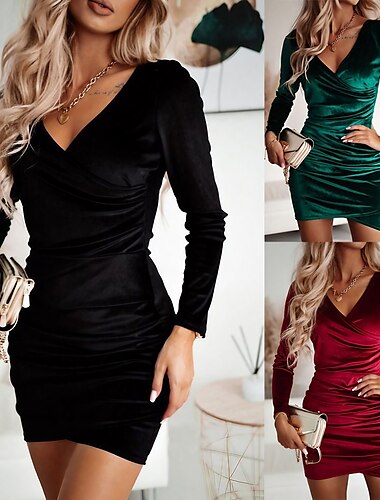  Women‘s Cocktail Party Dress Velvet Dress Midi Dress Black Red Green Long Sleeve Pure Color Ruched Winter Fall Spring V Neck Fashion Winter Dress Date 2023 S M L XL XXL 3XL