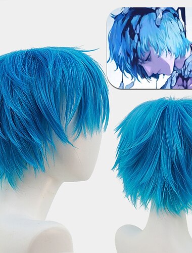  Blue Wigs for Women and Men Anime Hero Academy Dead Handle Wooden Hanger Gray-blue Upturned Short Hair Cos Halloween Wigs