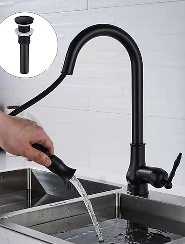  Kitchen Sink Mixer Faucet with Pull Out Spray, 360 Swivel Pull Down Vessel Taps Antique Brass/Black Deck Mounted, Antique Single Handle One Hole Kitchen Taps