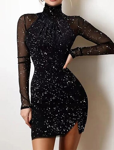  Women\'s Party Dress Sequin Dress Holiday Dress Mini Dress Black Long Sleeve Pure Color Sequins Winter Fall Spring Turtleneck Hot Party Winter Dress Birthday 2022 S M L XL