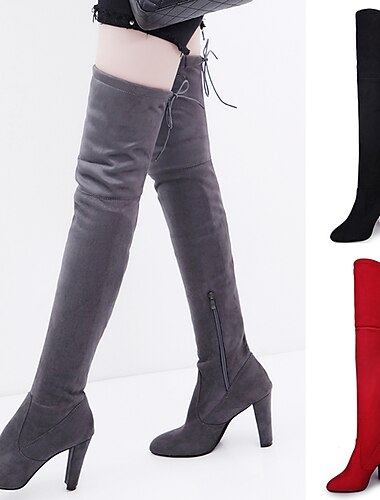  Women\'s Boots Heel Boots Outdoor Daily Over The Knee Boots Winter High Heel Pointed Toe Basic Classic Synthetics Zipper Lace-up Solid Colored Black Burgundy Gray