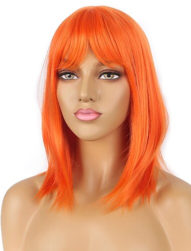  Short Bob Wigs with Bangs Orange Straight Shoulder Length Synthetic Wig for Women Heat Resistant Wig for Party Daily Wear (Orange) Halloween Wigs