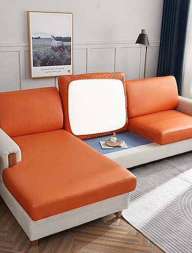  Stretch-Couchkissenbezug aus PU-Leder in Burgunderrot, 100 % wasserdichter Kissenbezug fuer Stuhlkissen, Moebelschutz, Sitzkissen, Sofabezug mit elastischer Unterseite, waschbar