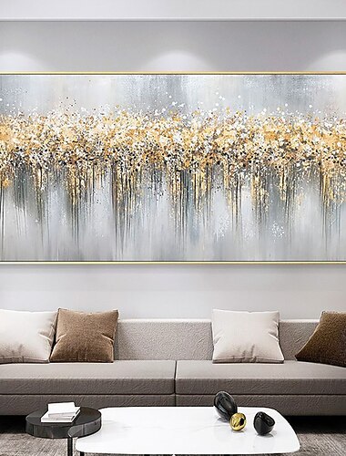 oliemaleri håndlavet håndmalet vægkunst nordisk abstrakt stil gylden vandret moderne boligindretning dekoration rullet lærred uden ramme ustrakt