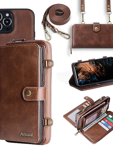  puhelin Etui Käyttötarkoitus iPhone 15 14 Pro Max Plus 13 12 11 Pro Max Mini Lompakkokorttikotelo Magneetti Lanyardin kanssa Iskunkestävä Yhtenäinen väri TPU PC PU-nahka