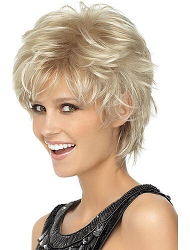  Short Blonde Wigs Omber Blonde Pixie Cut Wig for Women Natural Wavy Real Hair Synthetic Wig with Bangs