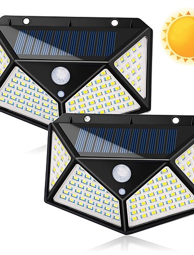  屋外用ソーラーウォールランプ、モーションセンサー付き、100 LED、3モード、270°照明角度、IP67防水、ガレージ、フェンス、デッキ、中庭用 2/4個